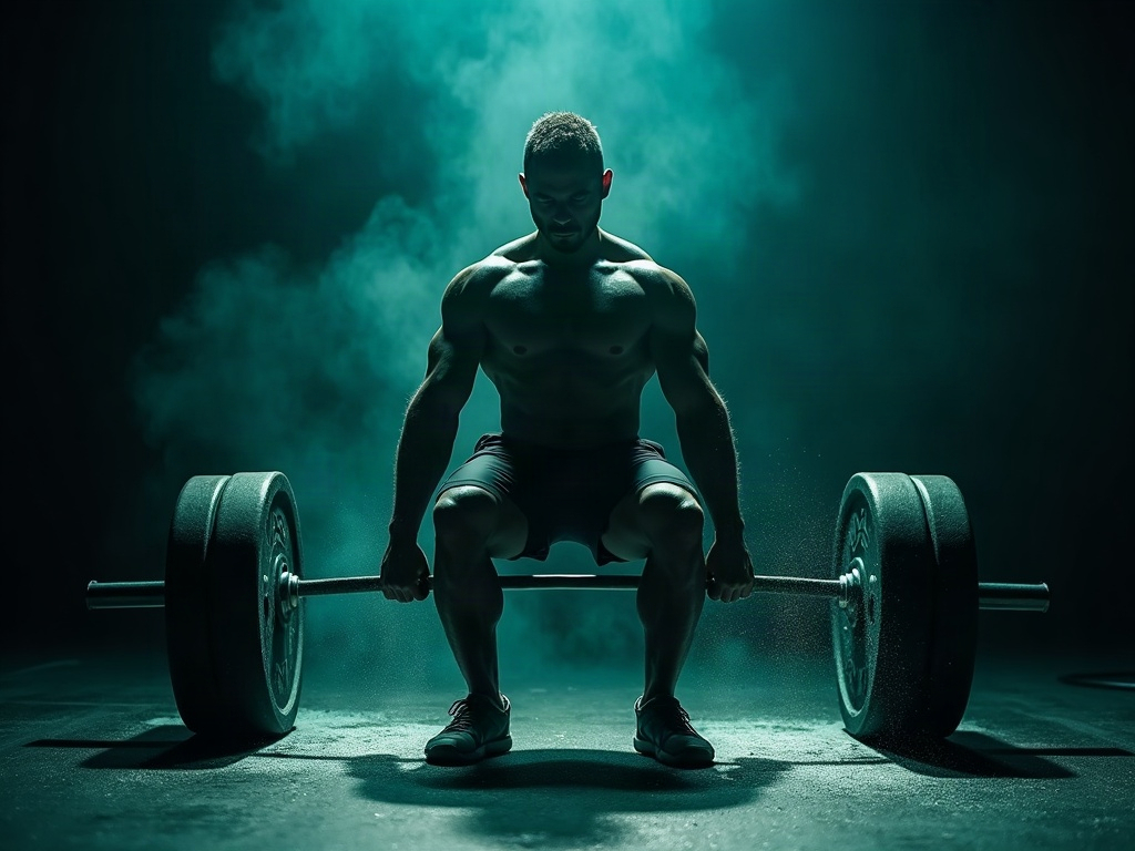 A lifter driving out of a barbell squat under dramatic rim lighting
