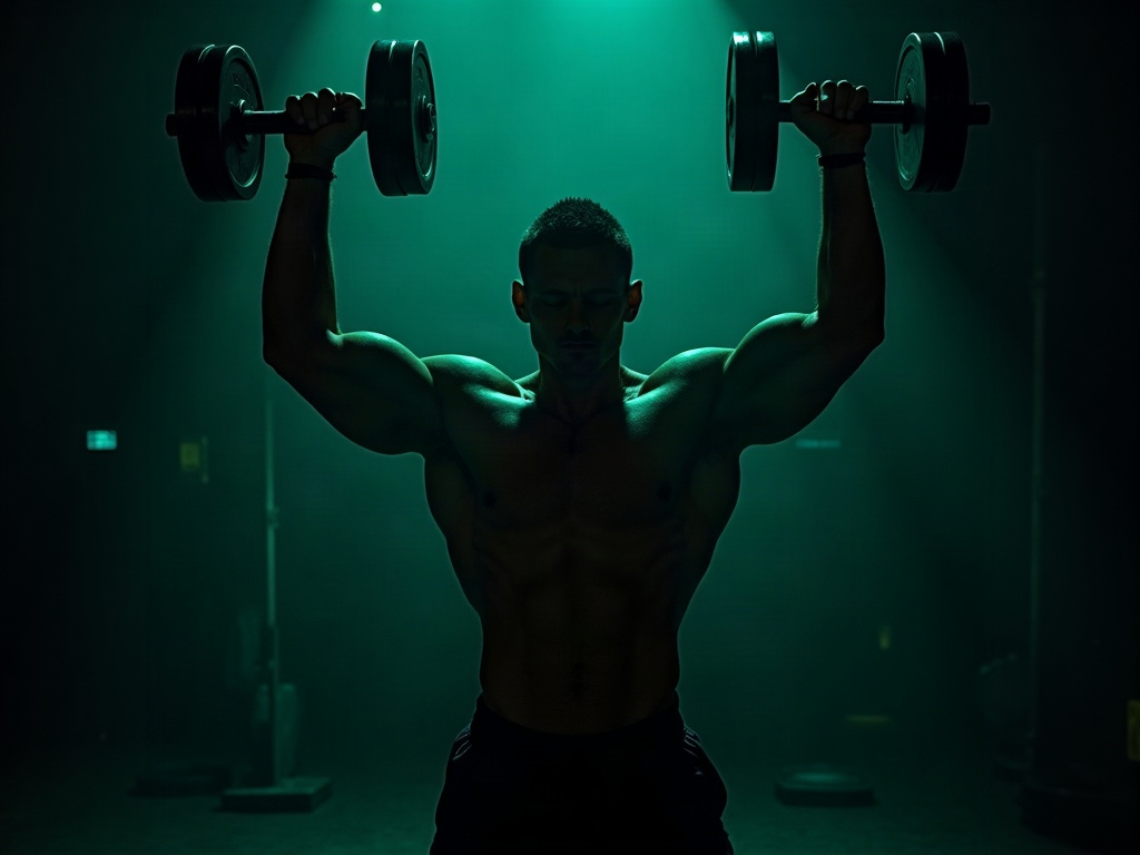 An athlete pressing dumbbells overhead with upper-body focus in dramatic gym lighting
