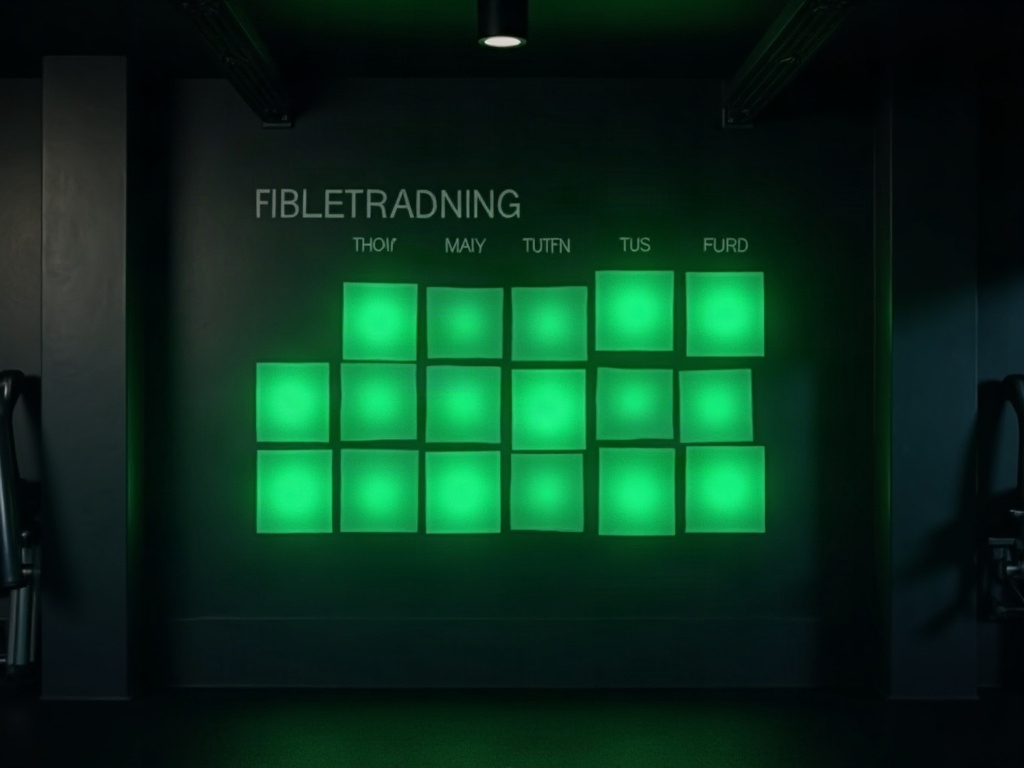 Abstract glowing blocks representing training days planned across a week on a dark gym wall