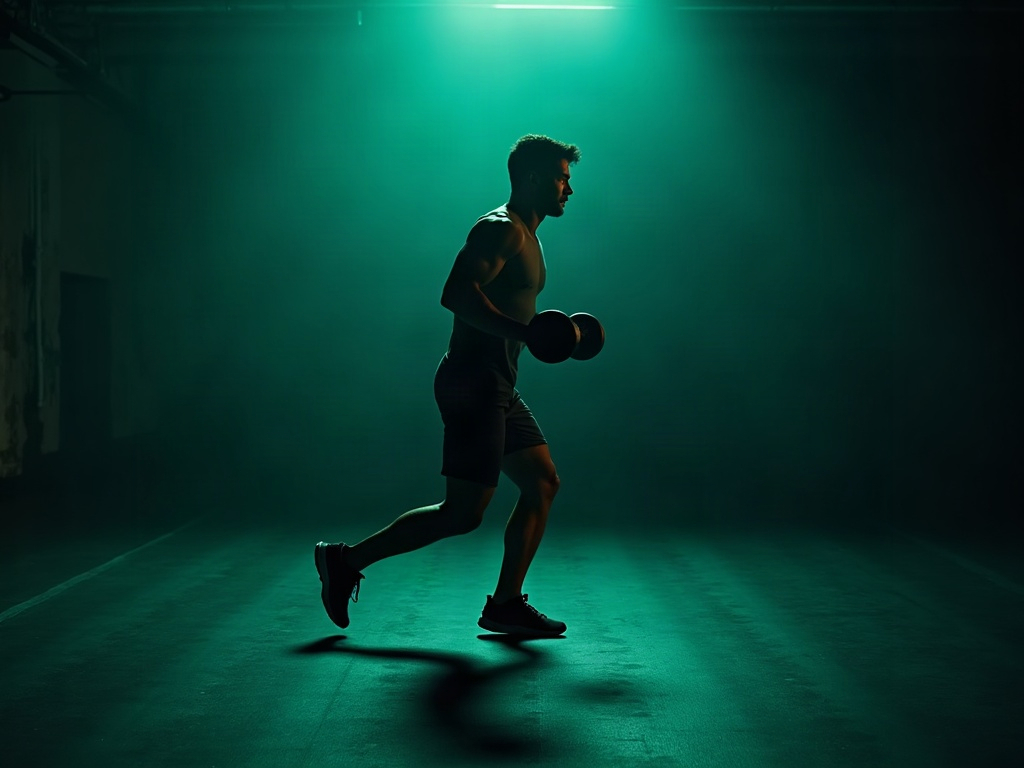 Athlete performing walking dumbbell lunges in a dark gym