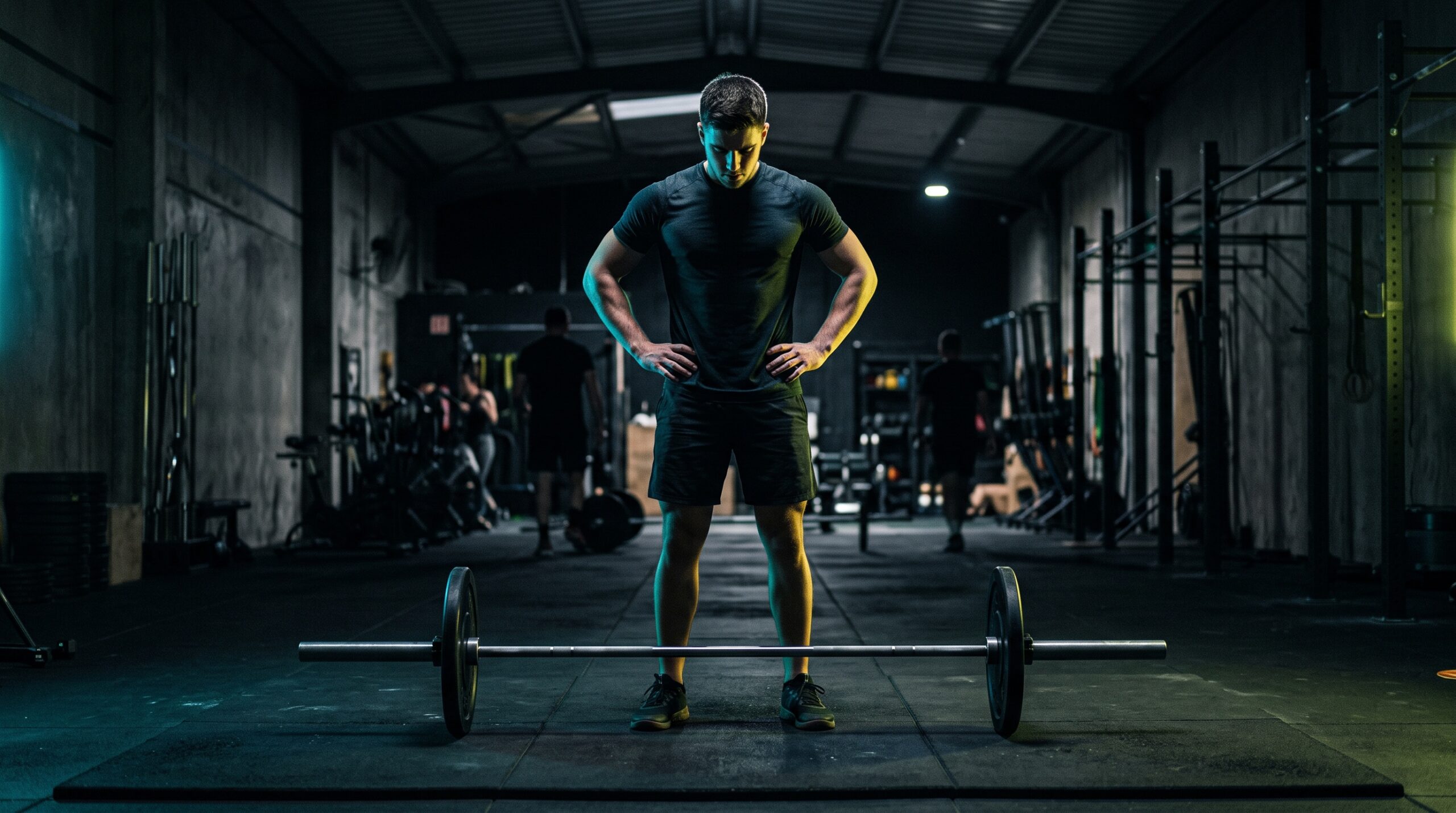 A beginner standing over an empty barbell on the gym floor, deciding to start