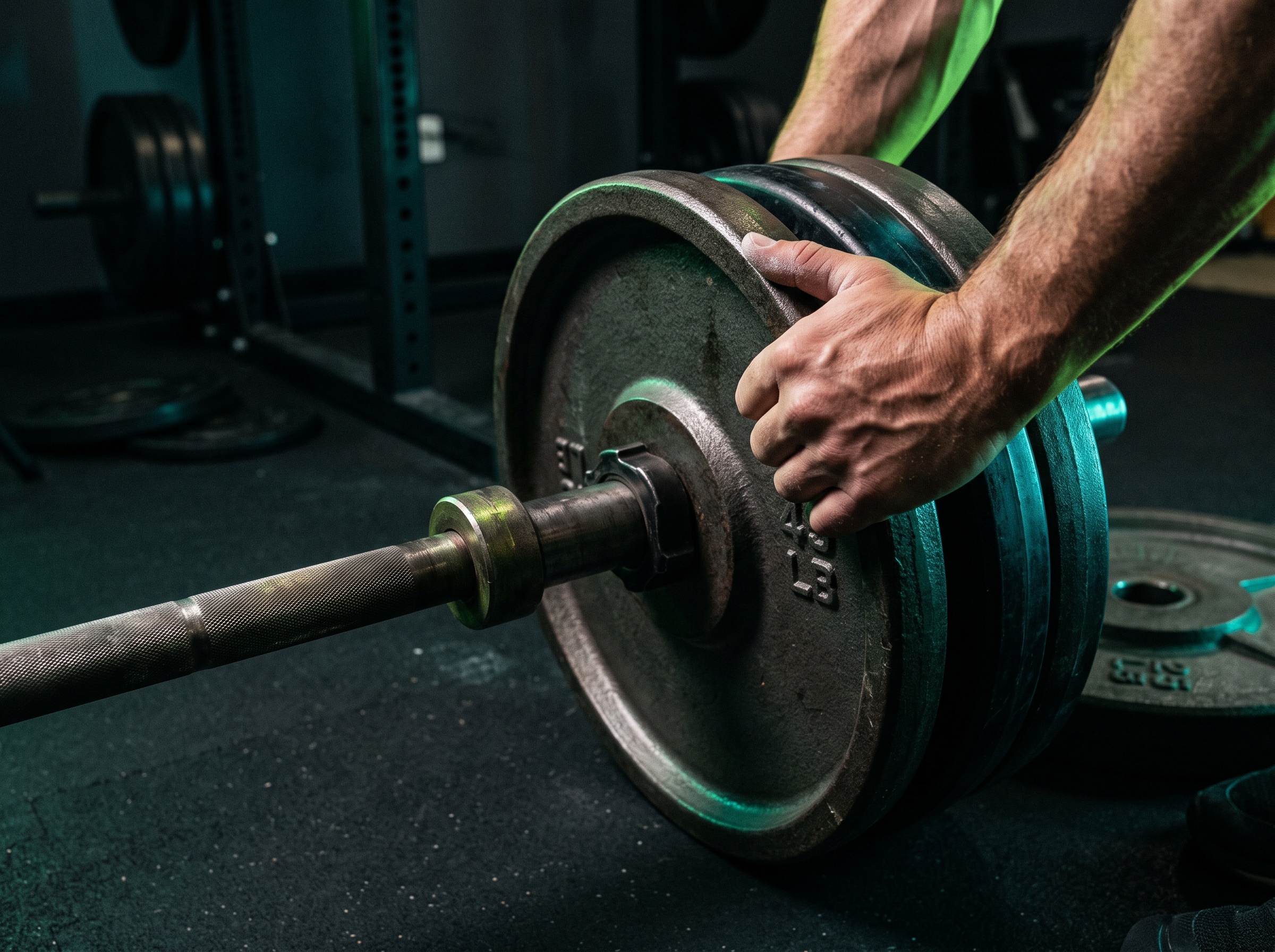 Hands loading a weight plate onto the sleeve of an Olympic barbell
