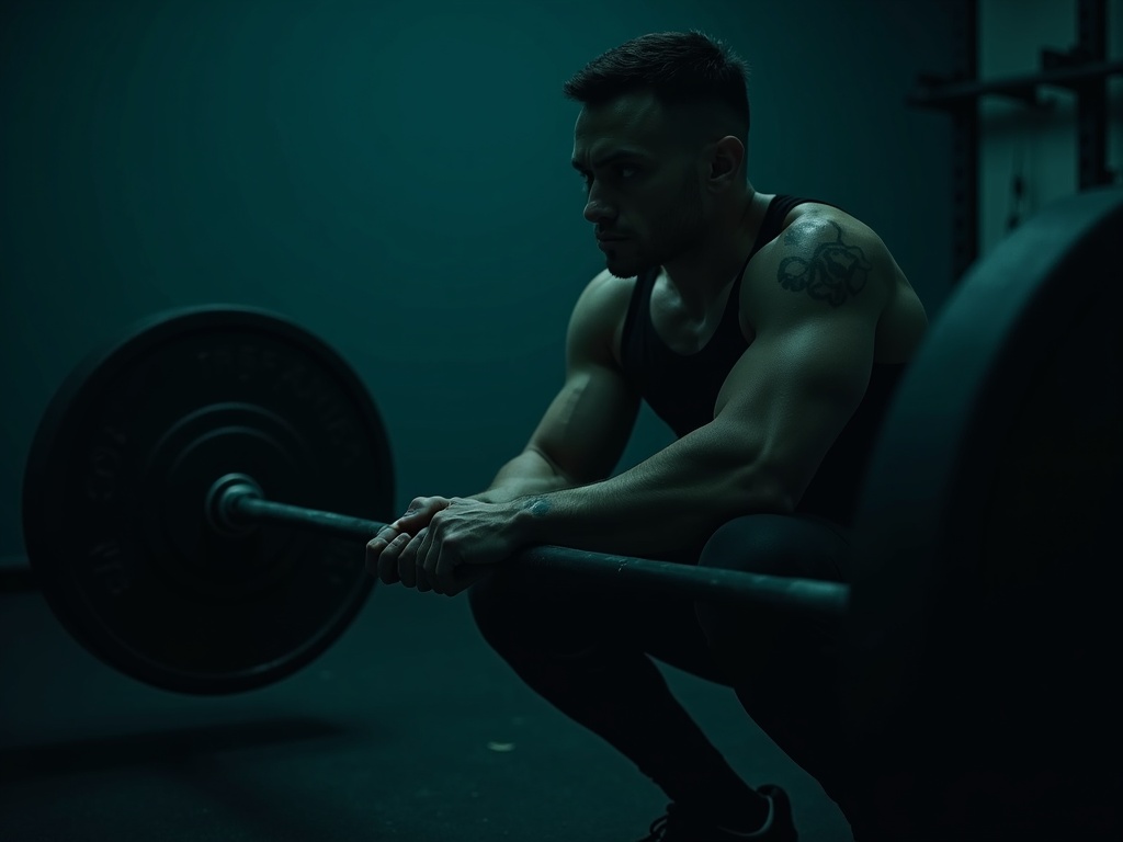 A lifter resting between sets next to a loaded barbell and checking a timer