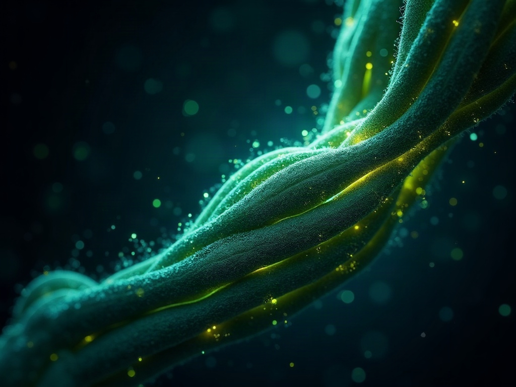 Illustration of muscle fibers rebuilding, glowing in lime and teal