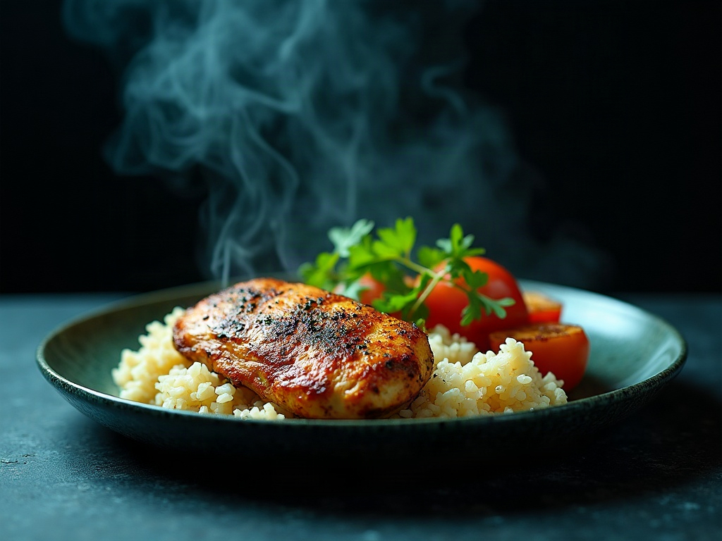 A high-protein plate of chicken, rice and vegetables under dramatic gym-toned lighting