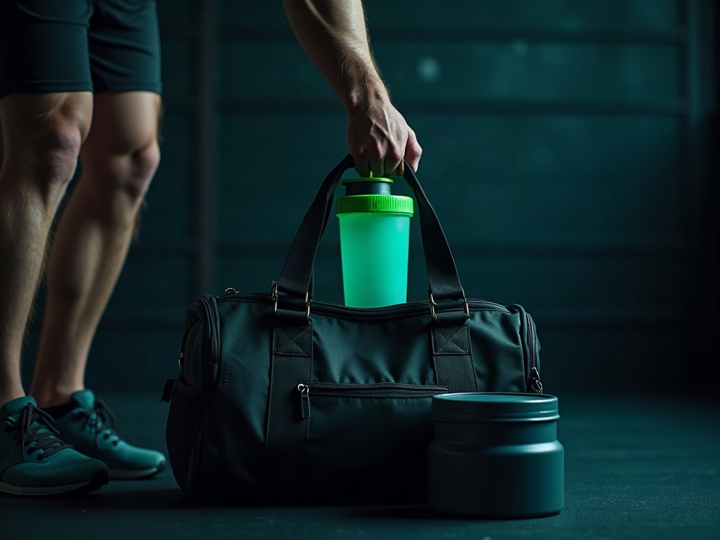 A lifter packing a gym bag with a shaker and meal container after a workout