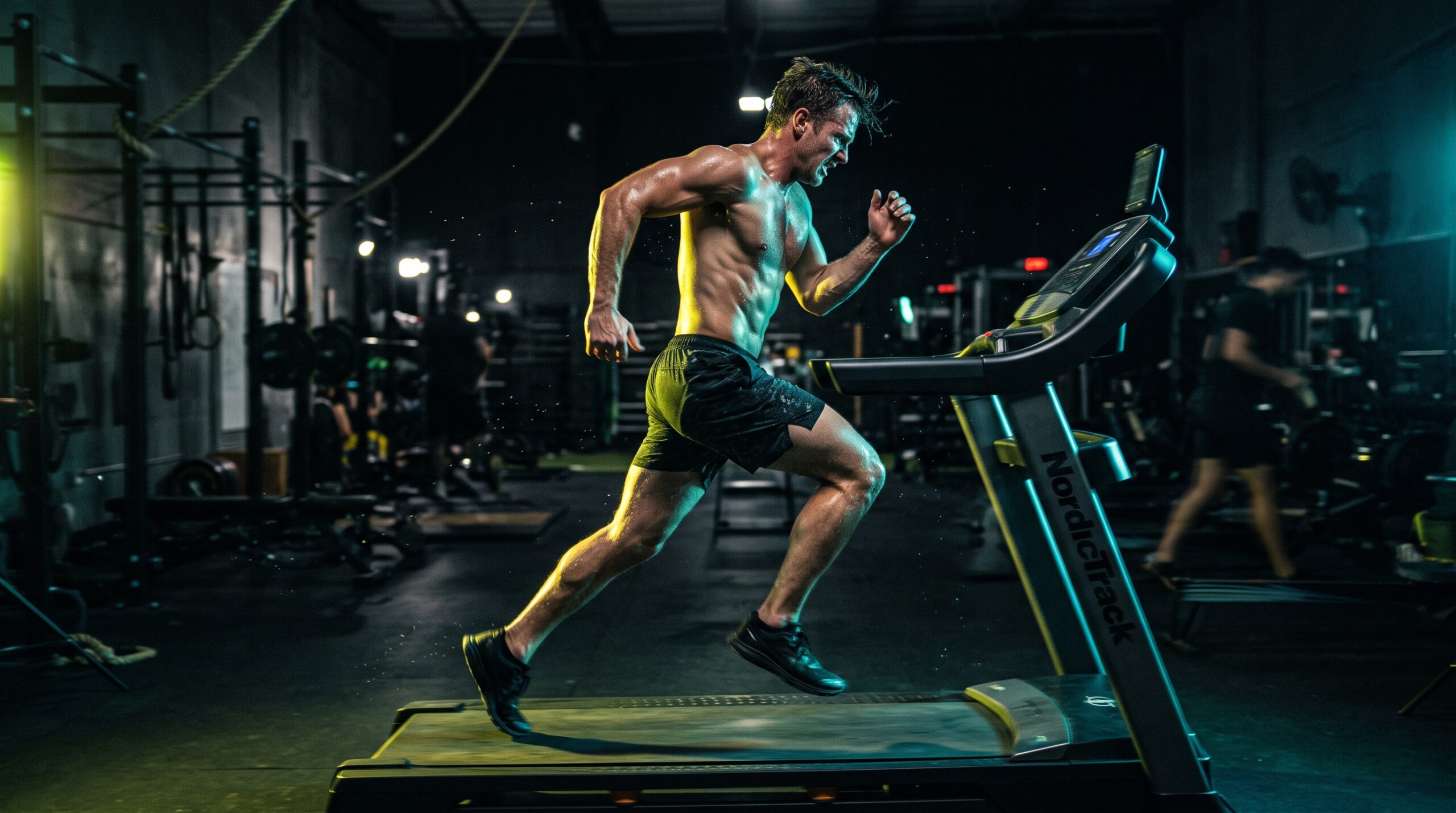 A muscular athlete conditioning hard on a rower in a dark gym lit with teal and electric-lime rim light