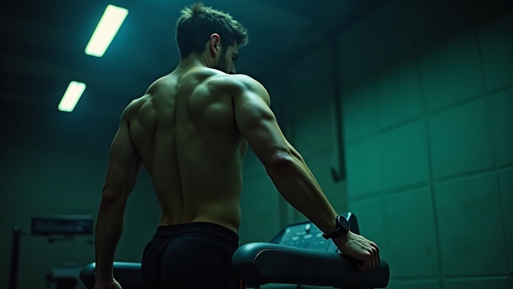 A lifter doing easy steady-state incline treadmill cardio while checking heart rate in a dark teal-lit gym