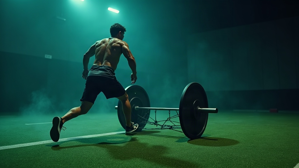 An athlete driving a heavy sled in an explosive interval effort in a dark gym with teal and lime lighting
