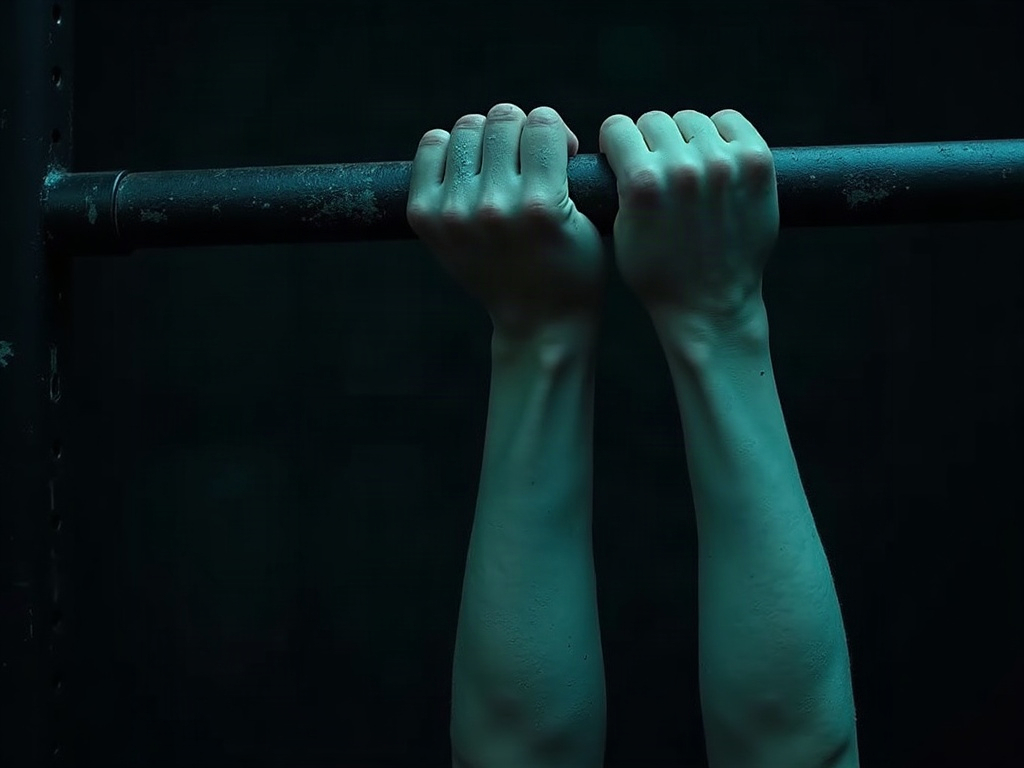 Chalked hands gripping a pull-up bar in a dark gym