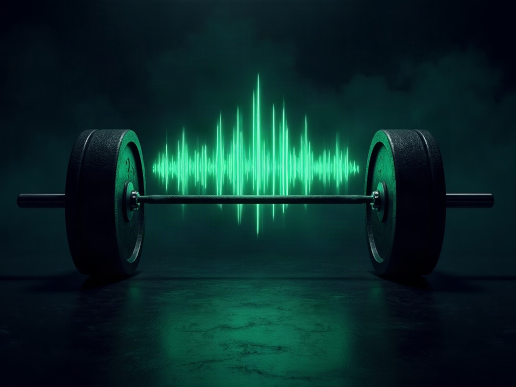 Glowing sound waves in lime and teal beside a barbell silhouette