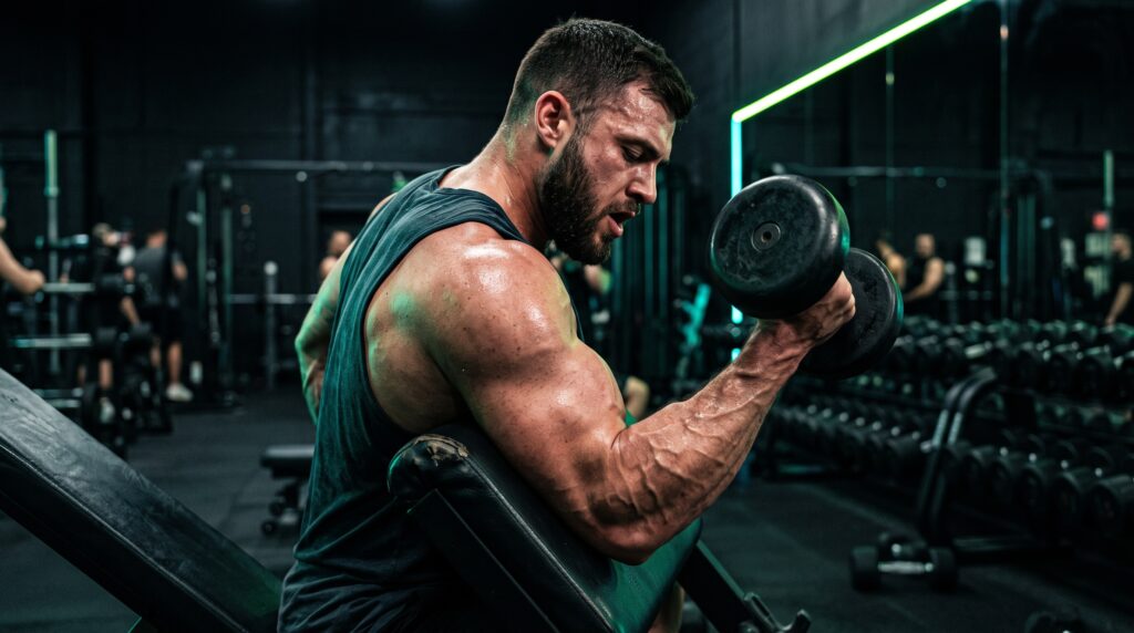 Lifter with a full arm pump mid-set under teal and electric-lime rim lighting