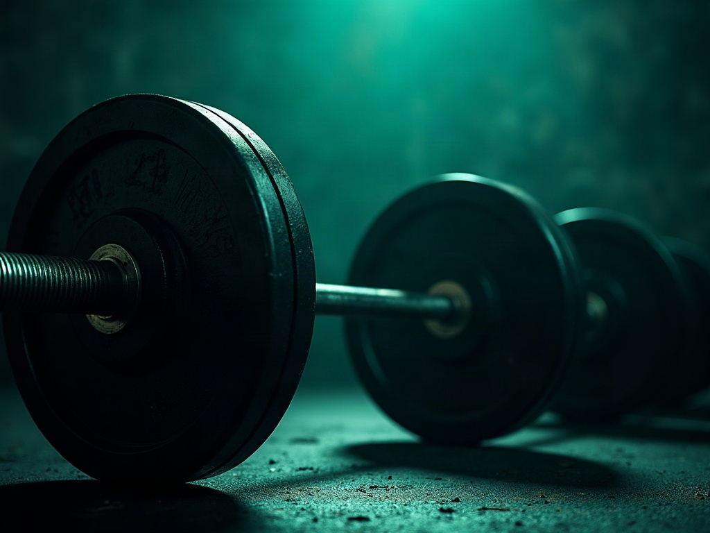 Close-up of a loaded barbell and steel plates lit with teal and lime rim light