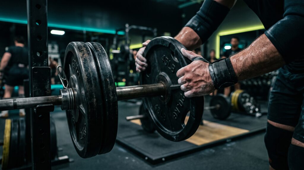 A lifter stripping a plate off a loaded barbell mid-set under teal and electric-lime rim light