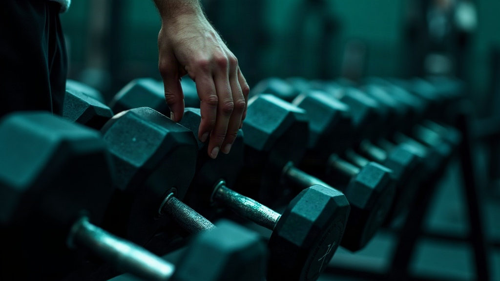 A dumbbell rack from heavy to light with a hand reaching for the next lighter pair during a drop set