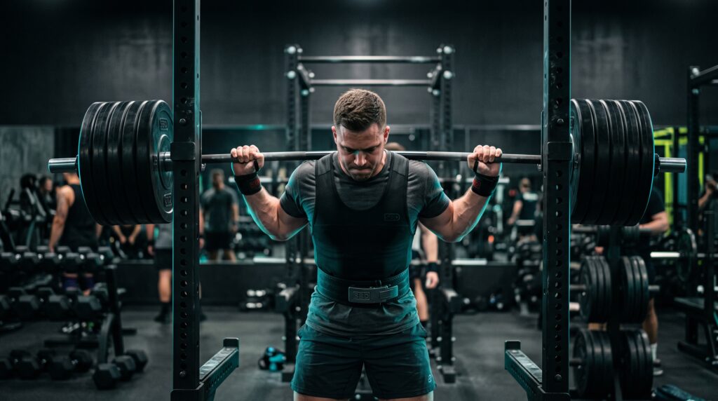 A lifter setting up under a loaded barbell in a squat rack before a working set under teal and lime rim light
