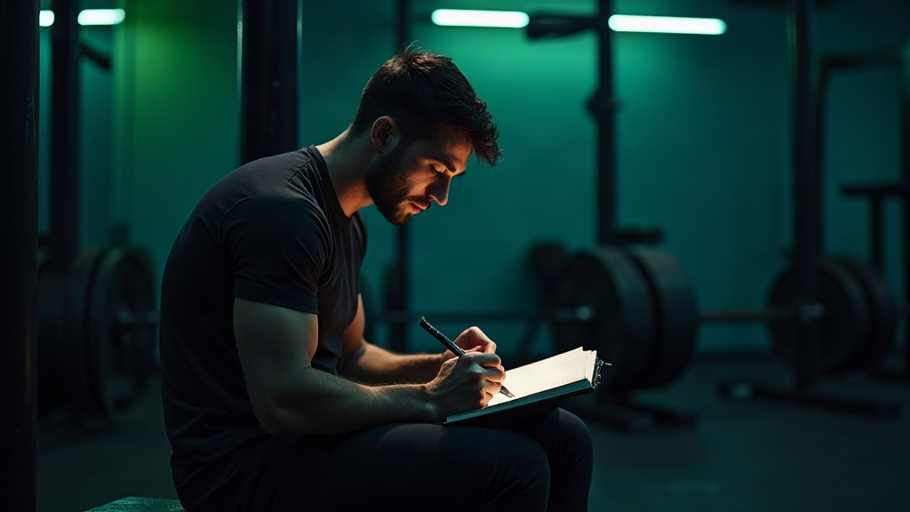 A lifter logging their sets in a notebook on a gym bench beside a barbell