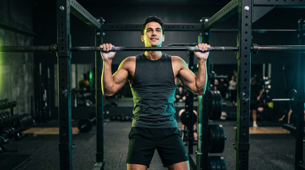 An athlete performing a clean, controlled pull-up as one of many easy daily sets under teal and lime rim light