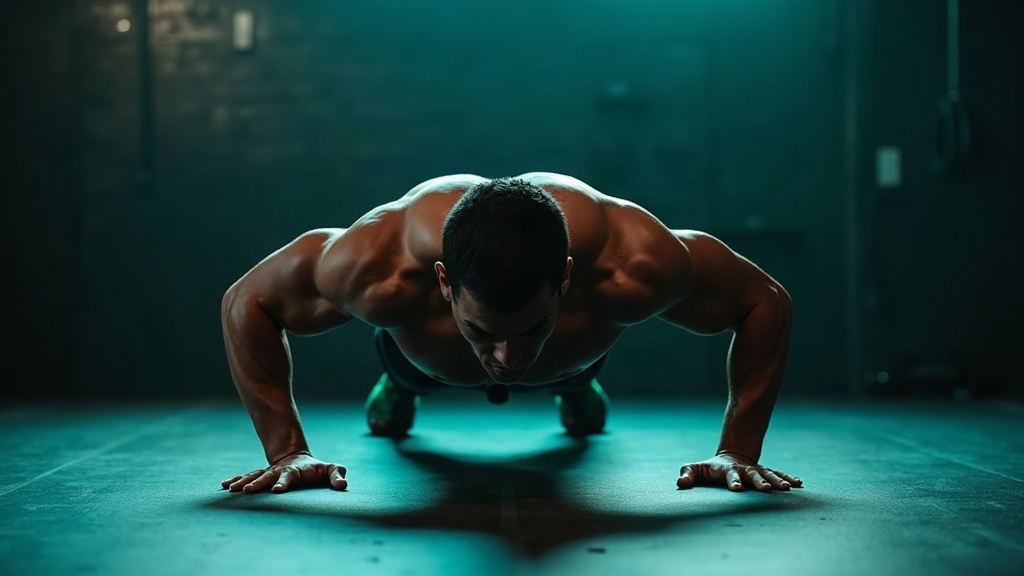 An athlete doing a strict, controlled push-up with fresh form rather than a grinding failure rep