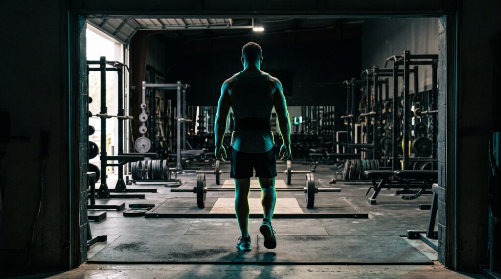 A lifter standing at the doorway of a dark gym lit with teal and electric-lime, about to walk in