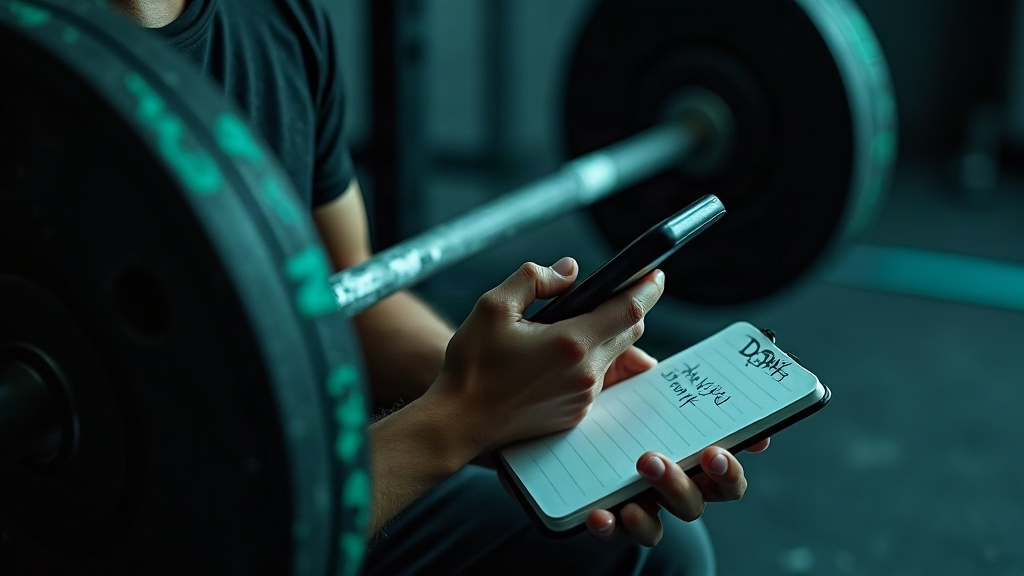 A lifter holding a simple written workout plan beside a barbell in a dark teal-lit gym