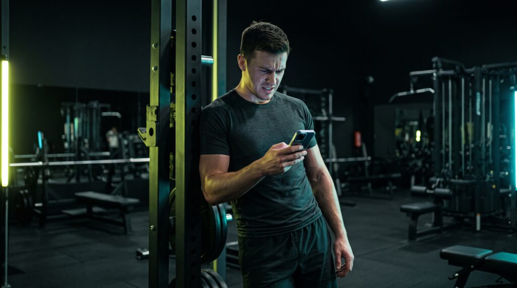 Lifter distracted by his phone at a squat rack under teal and lime rim lighting