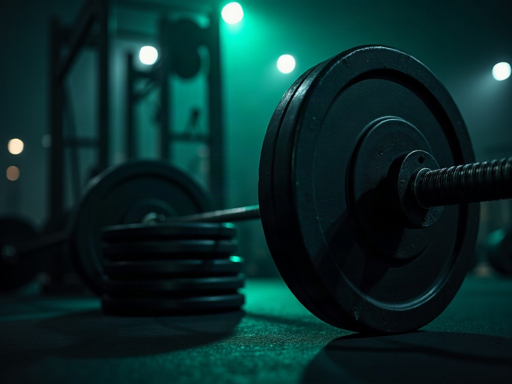 Close-up of a loaded barbell and steel plates lit with teal and lime rim light