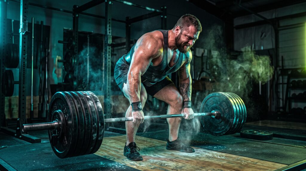 A lifter mid-set on a heavy barbell row in a dark gym lit with teal and electric-lime rim light