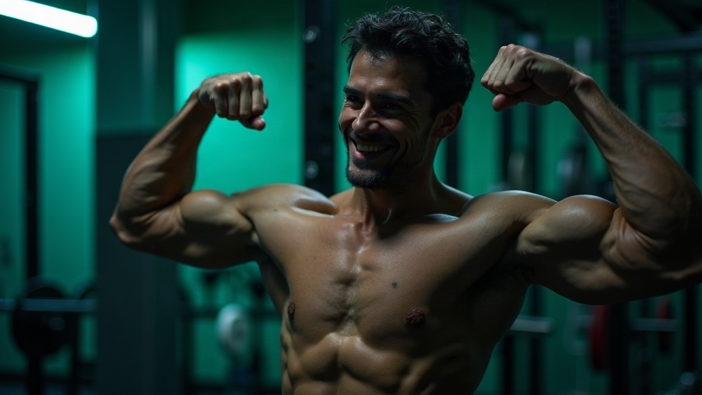 A lifter with a heavily pumped arm after a set finished with lengthened partials in a dark gym