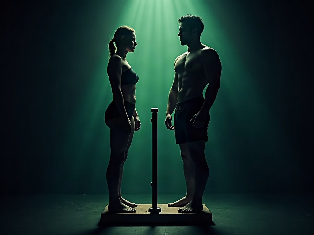 Two body silhouettes contrasted - one soft and weak, one lean and muscular