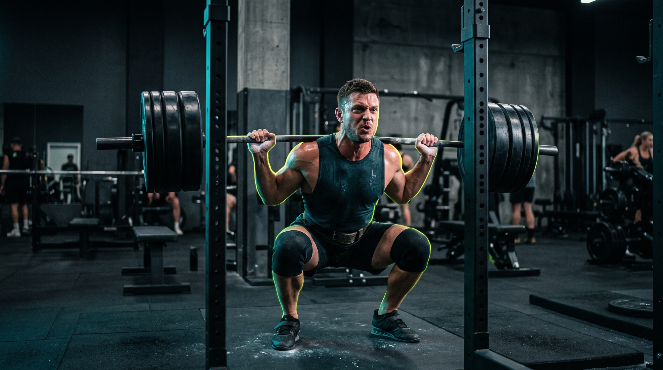 An athlete performing a heavy barbell squat under dramatic gym lighting