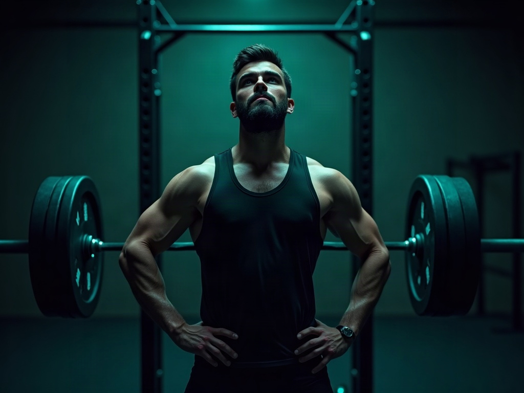 A focused lifter resting between sets in a dark modern gym