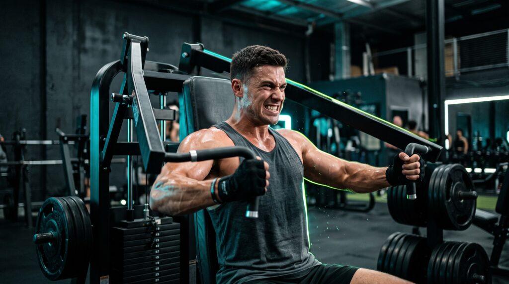 A lifter grinding out a hard rep near failure on a chest press machine under teal and lime rim light