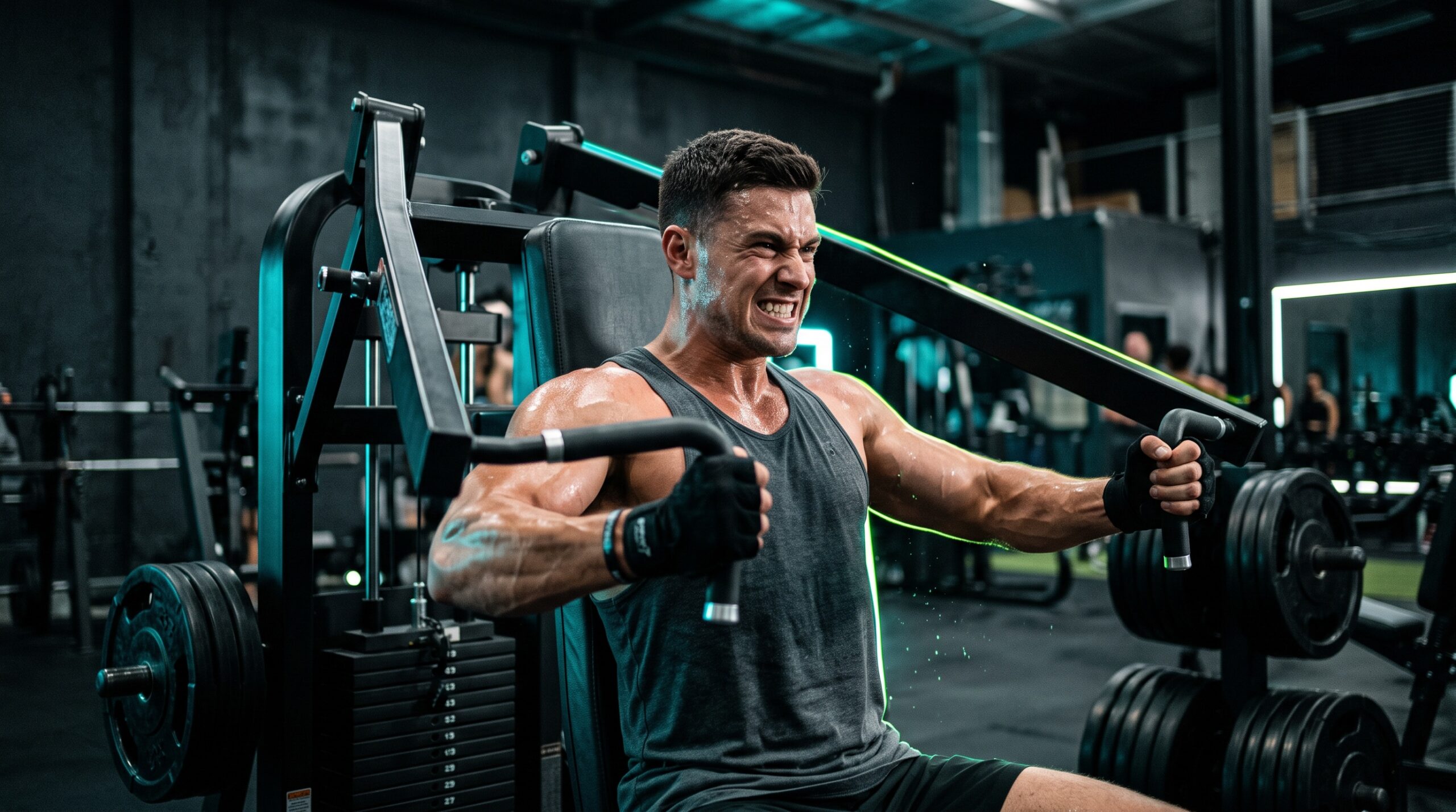 A lifter grinding out a hard rep near failure on a chest press machine under teal and lime rim light
