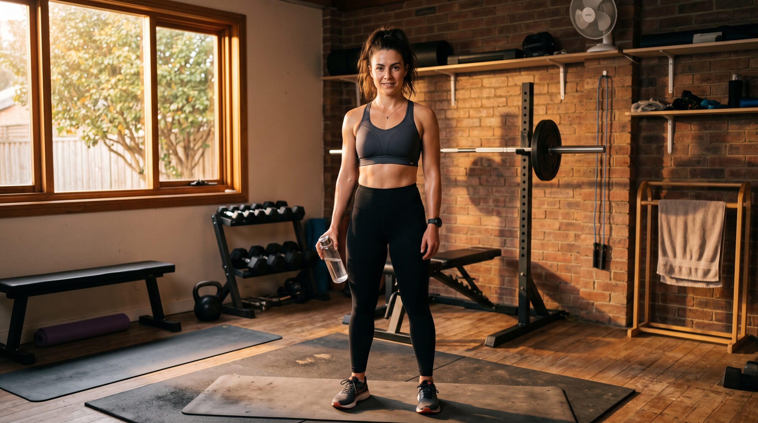 An athlete in an early-morning gym holding a water bottle before a fasted workout