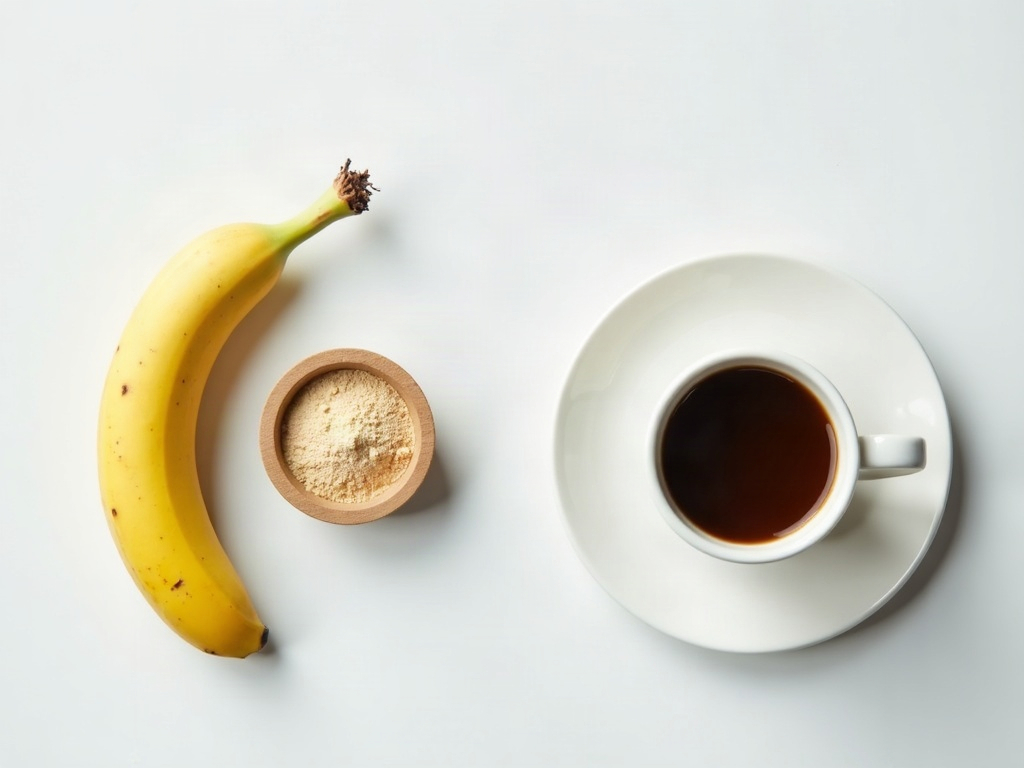 A banana, protein scoop and coffee beside an empty plate, comparing fed and fasted