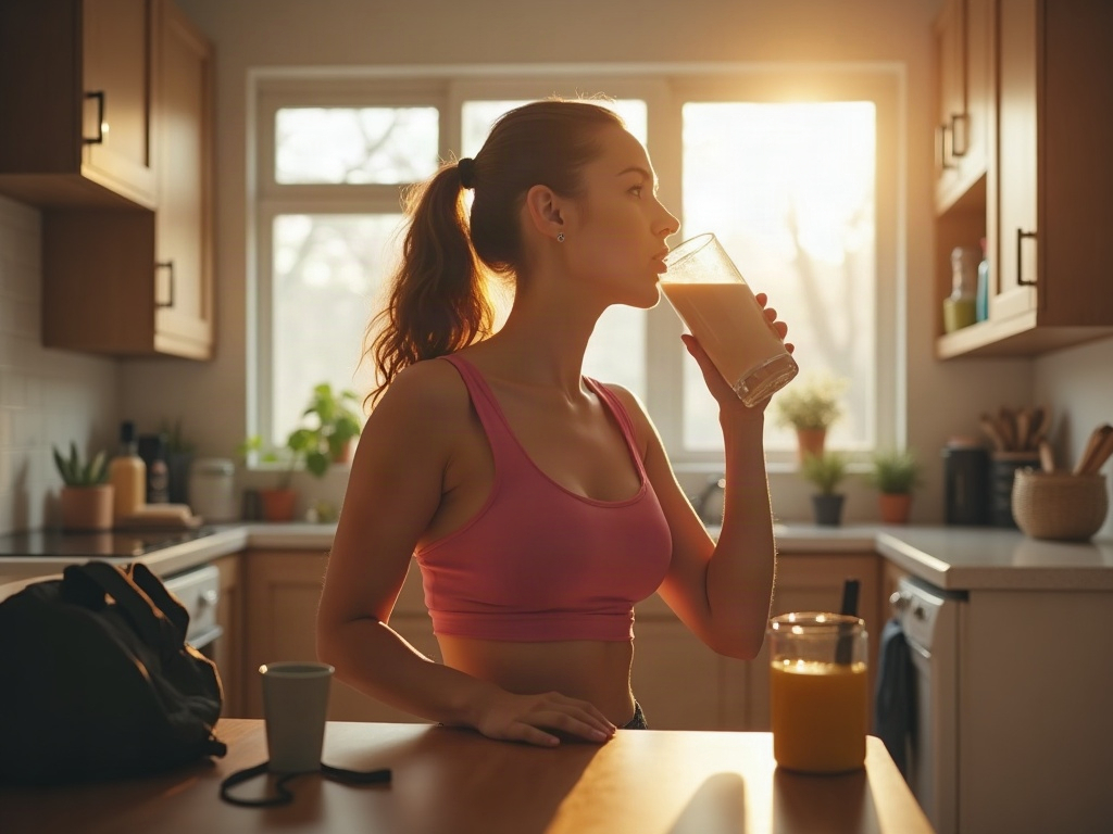 A person drinking a protein shake after a workout in a bright kitchen