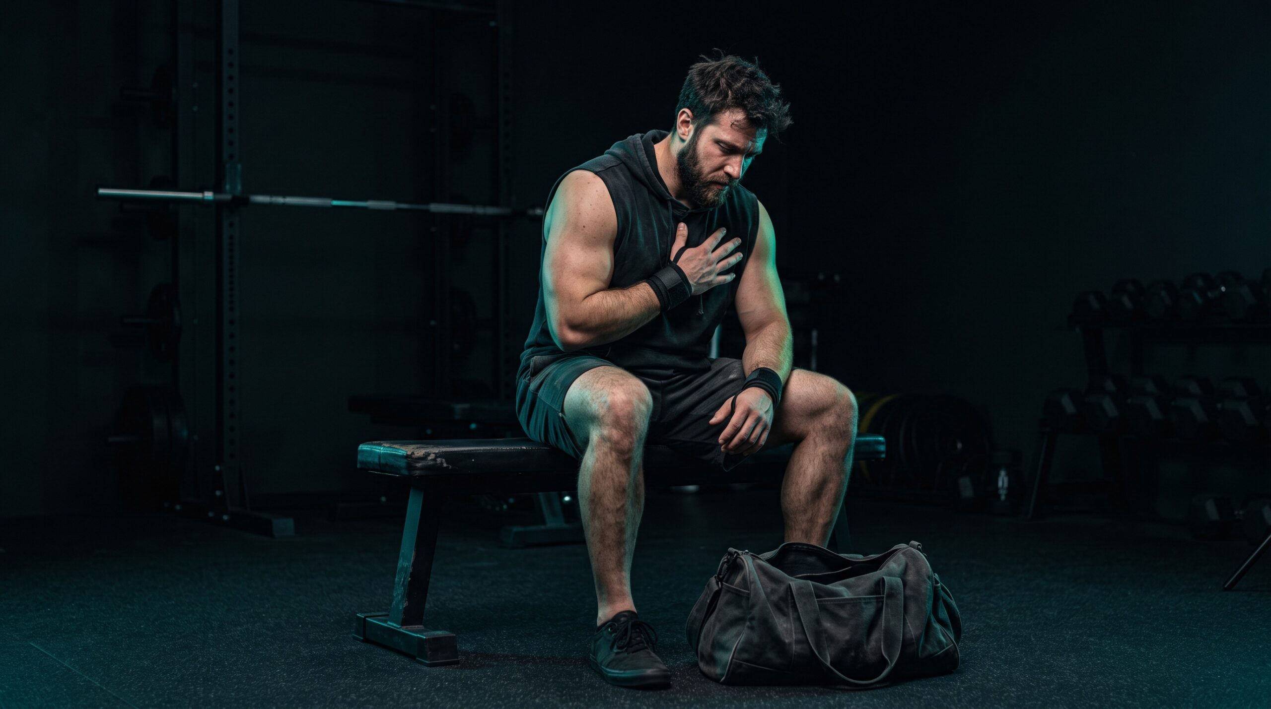A lifter sitting on a gym bench, hand on chest, deciding whether to train while feeling under the weather