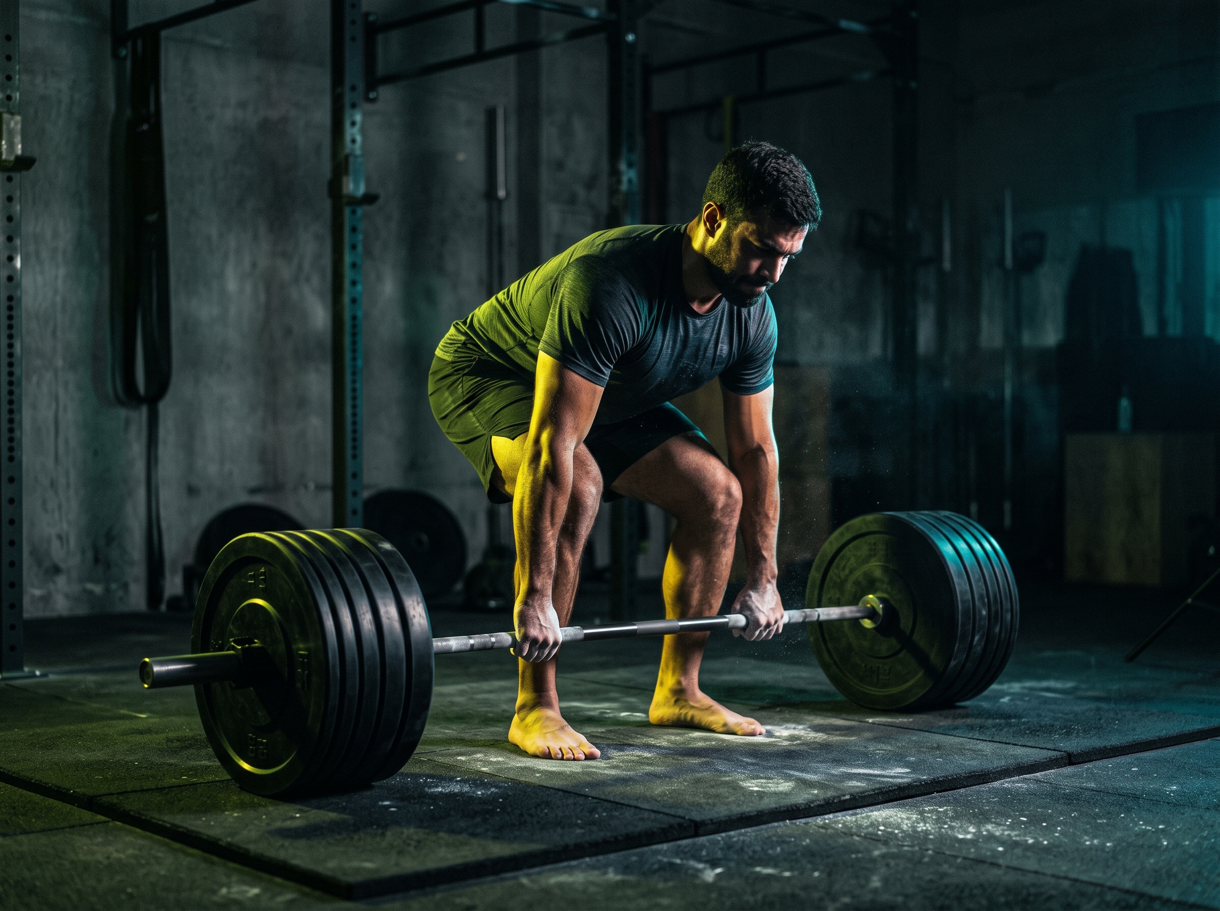 A lifter in flat shoes planted at the bottom of a heavy deadlift
