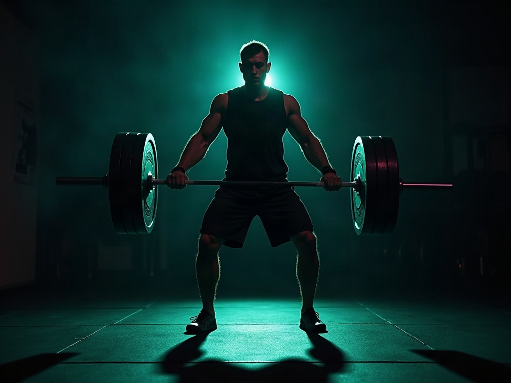 A focused lifter driving up out of a heavy barbell squat with planted feet