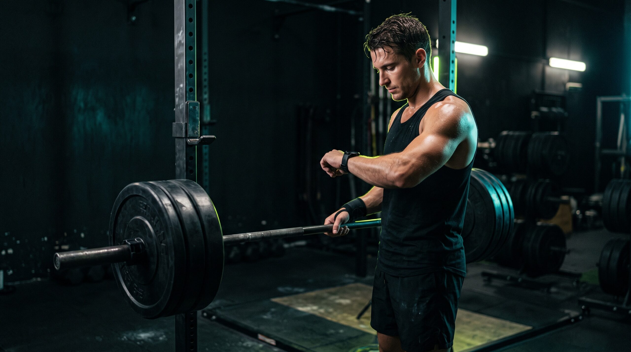Athlete glancing at a watch between sets beside a loaded barbell under dramatic teal and lime lighting