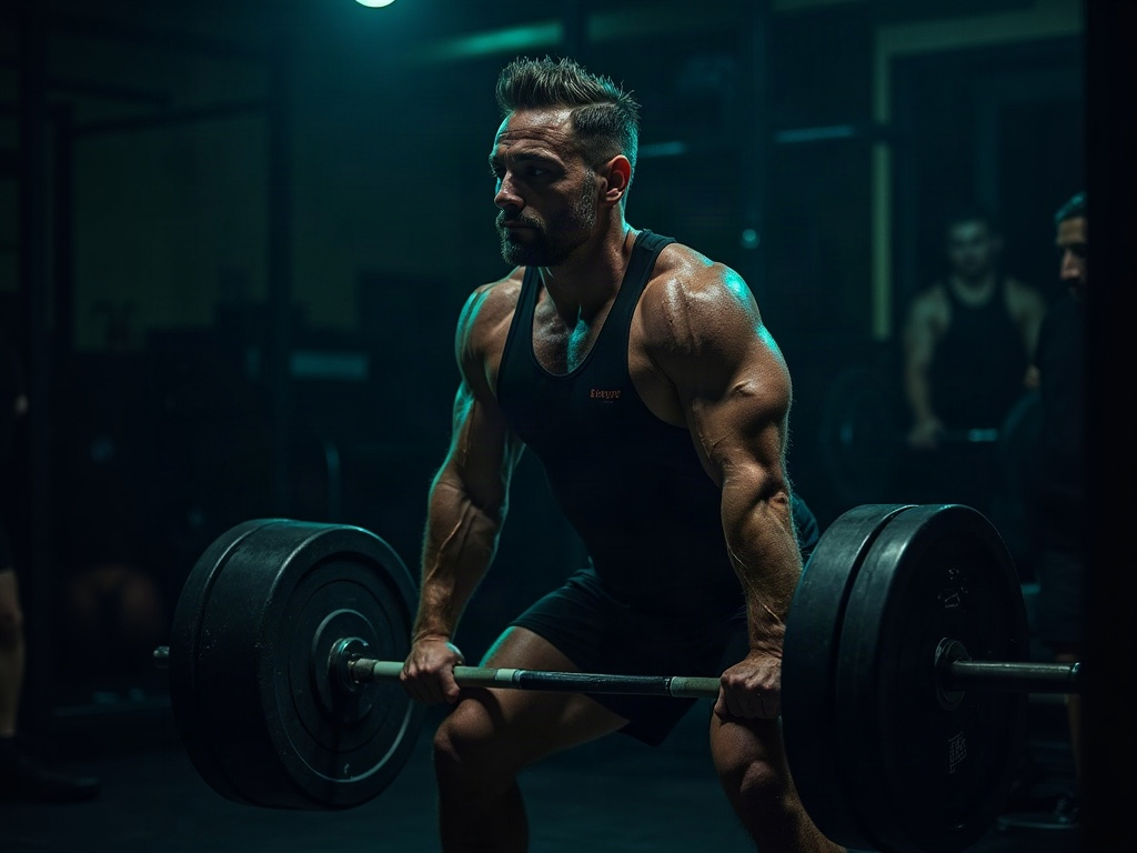 Athlete driving out of a heavy squat with strong form under dramatic gym lighting