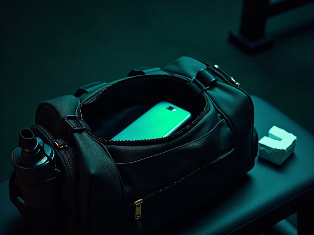 A phone face-down in a gym bag beside chalk and a water bottle under dramatic lighting