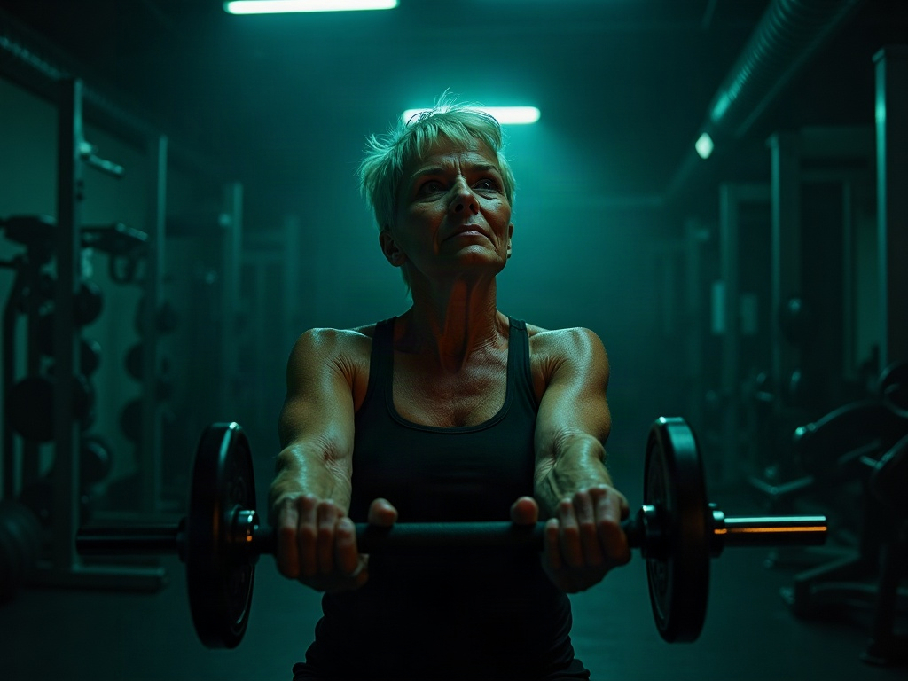 Mature woman performing a controlled dumbbell row with strong focused form