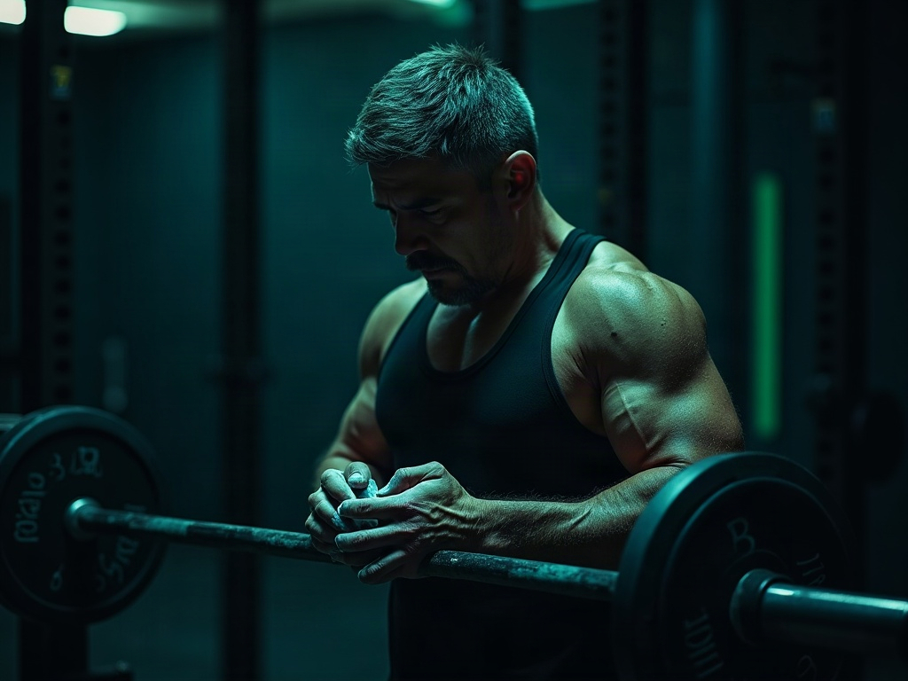 Athlete chalking hands and stepping up to a barbell with quiet focus