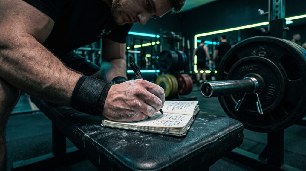 A lifter's chalked hand writing in a small training notebook beside a loaded barbell under teal and lime rim light