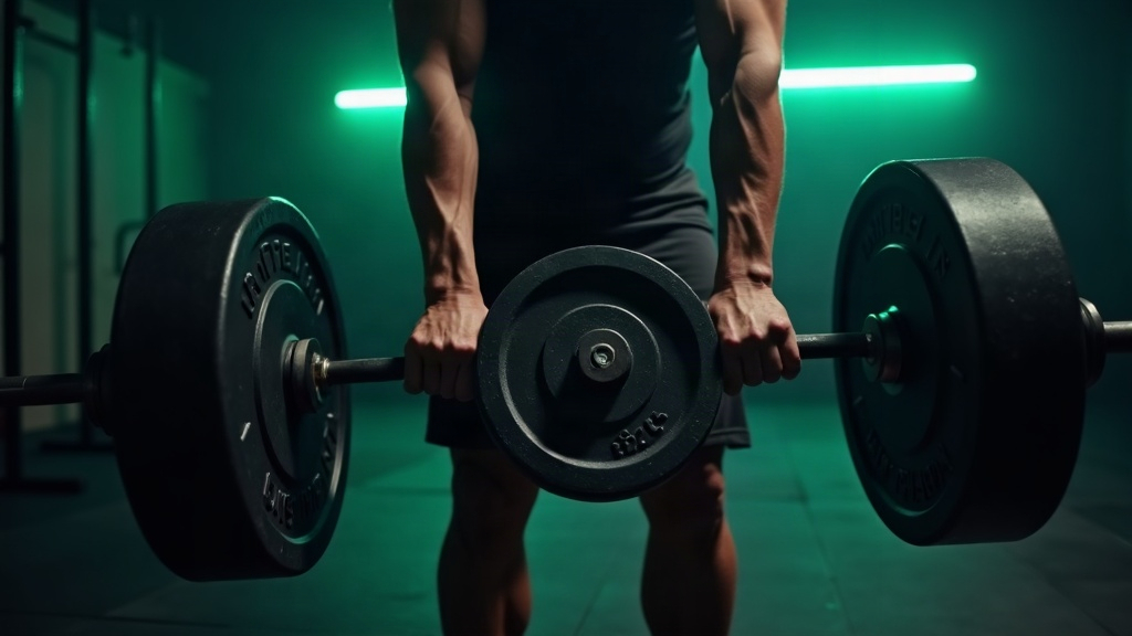 A lifter sliding a small plate onto a loaded barbell in a dark gym lit with teal and electric-lime