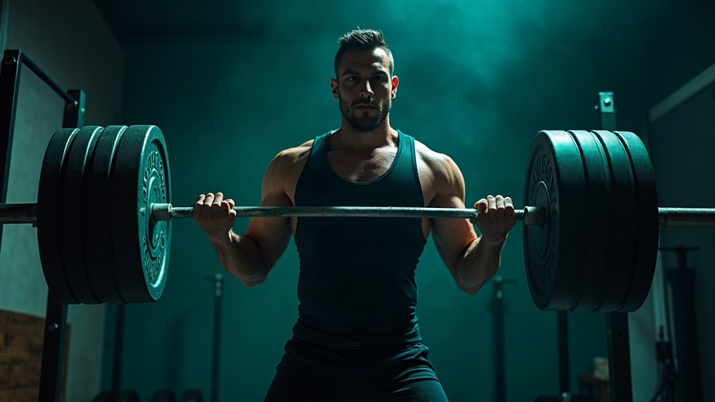 A lifter locking out a heavy lift at the top of the rep in a dark gym lit with teal and electric-lime