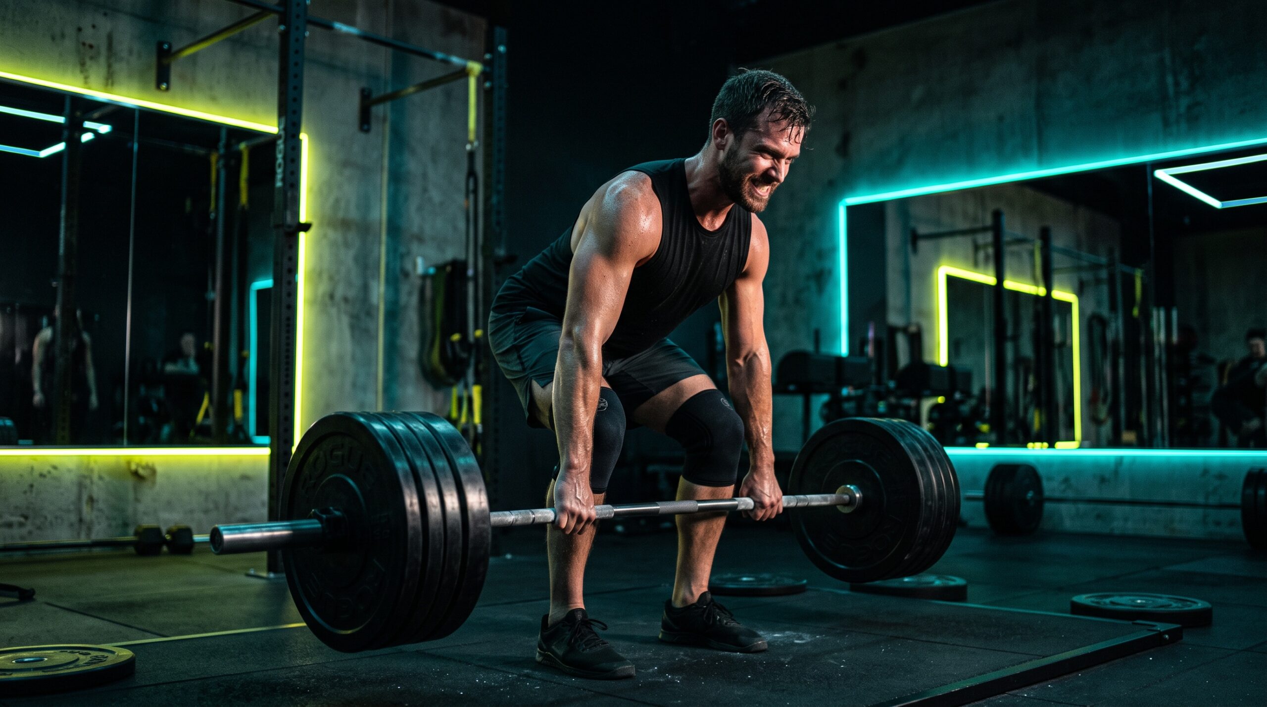 Lifter mid-set on a barbell in a dark gym lit with lime and teal rim light