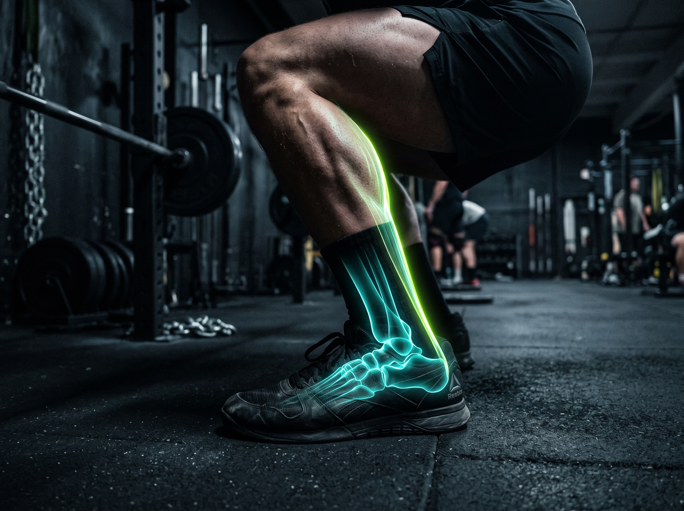 Close-up showing ankle dorsiflexion as the knee travels forward over the toes